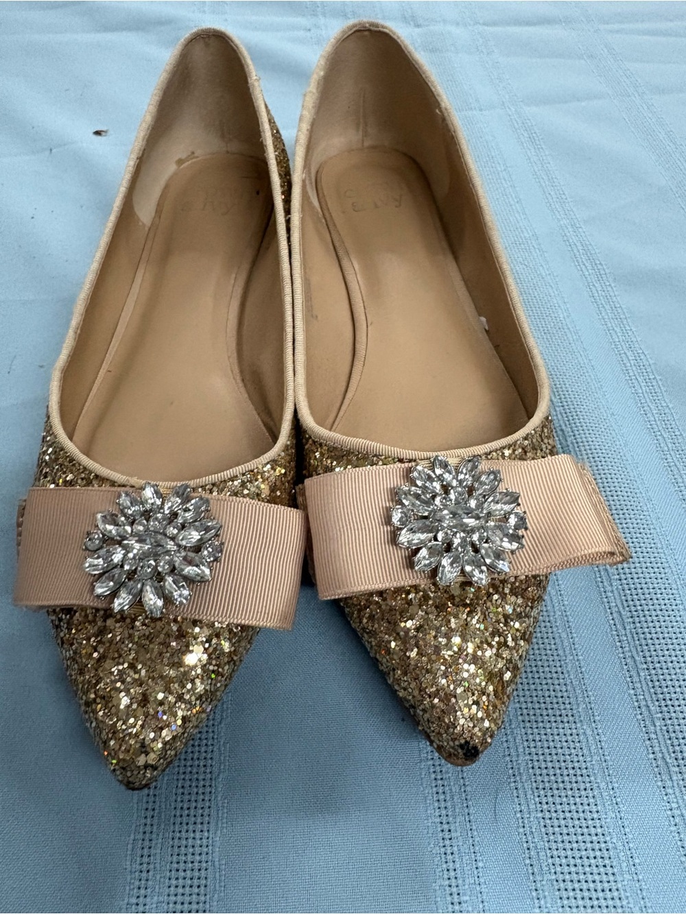 crown & ivy Gold Glitter Pointed Flats with Blush Bow and Crystal Brooch